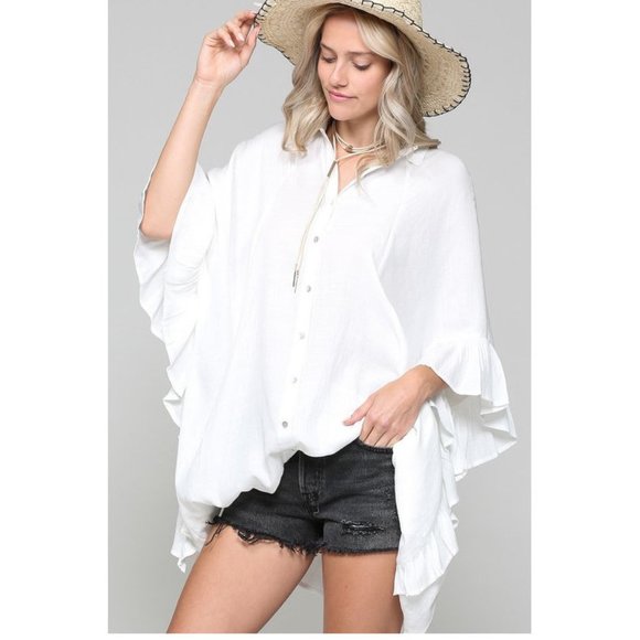Tops - Boho Chic Ivory White Ruffle Kimono Tunic Top